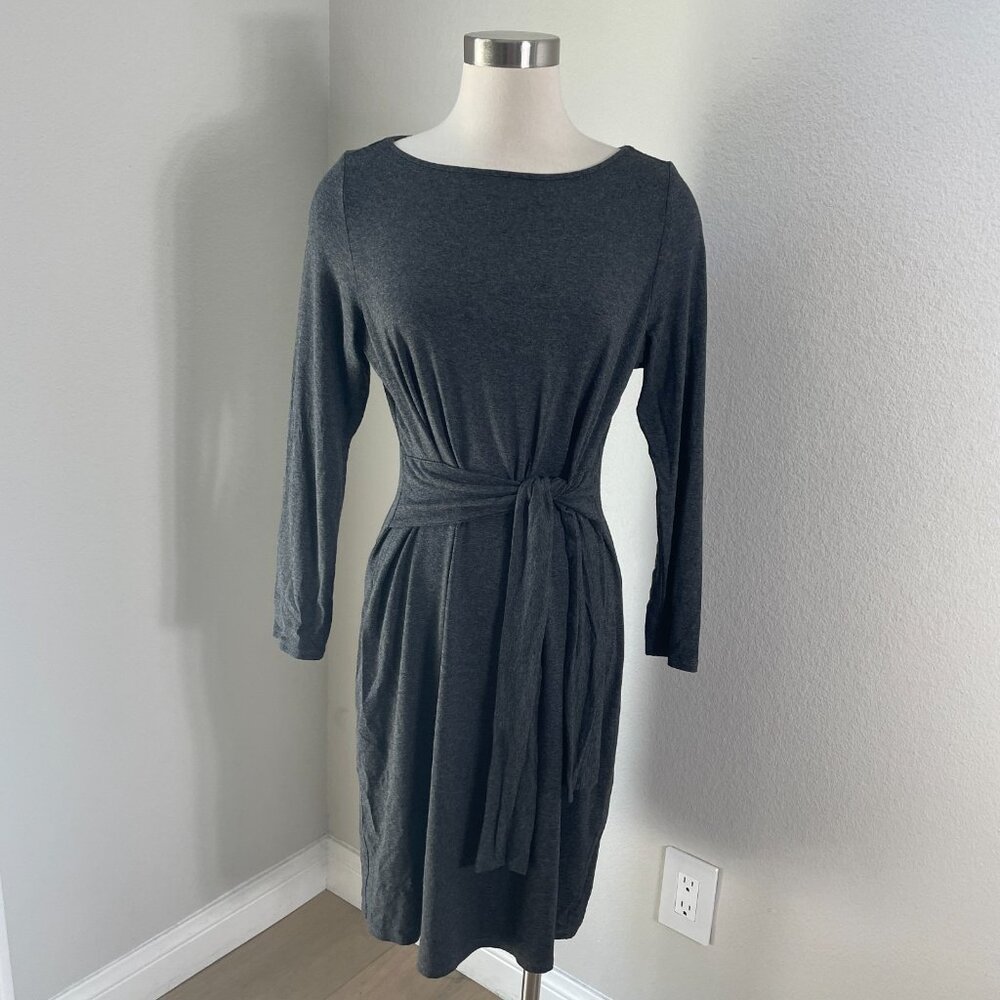 J Jill Wearever Collection Womens Medium Petite Gray Waist Tie Dress Long Sleeve